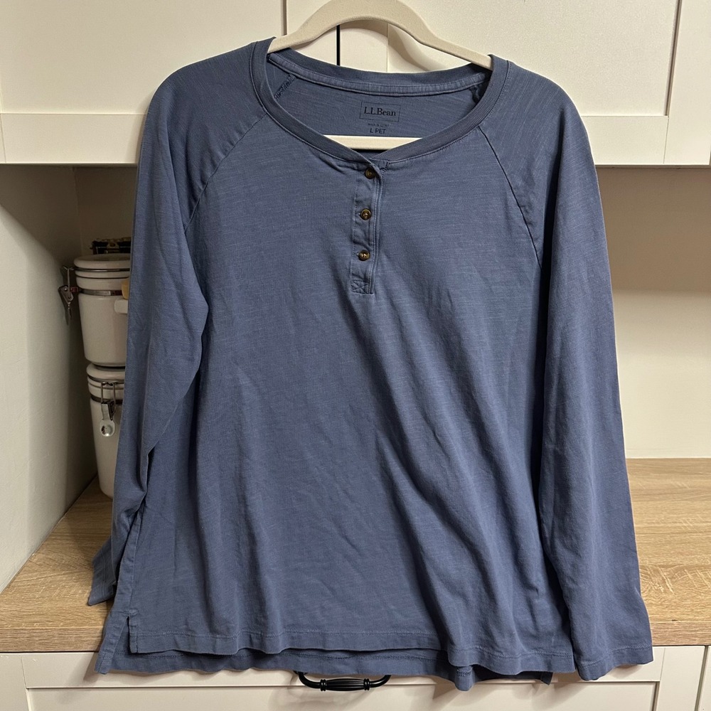 LL Bean Henley Top Womens L Pet Blue Organic Cotton Slub Layering Long Sleeve
